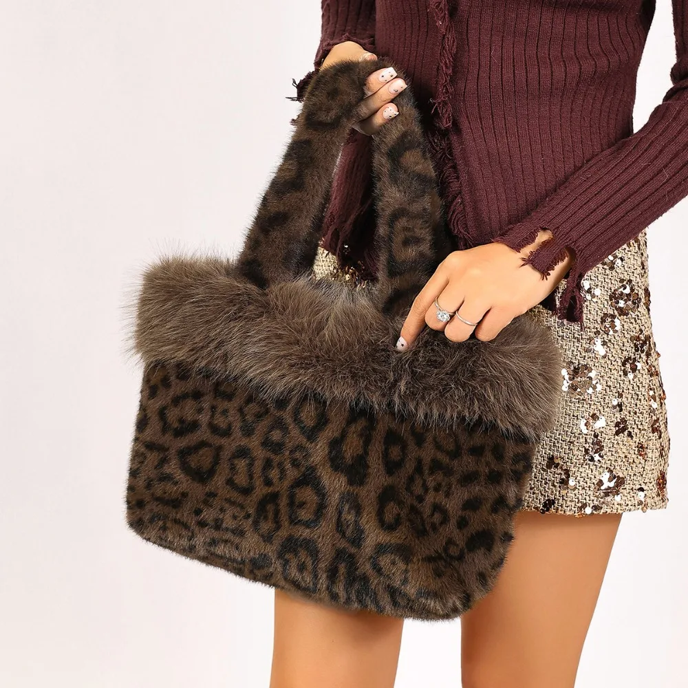 Modische Leopardenmuster-Fell-Tragetasche Warme Weiche Schultertasche Große Kapazität Flauschige Handtasche für Damen – Detail 16