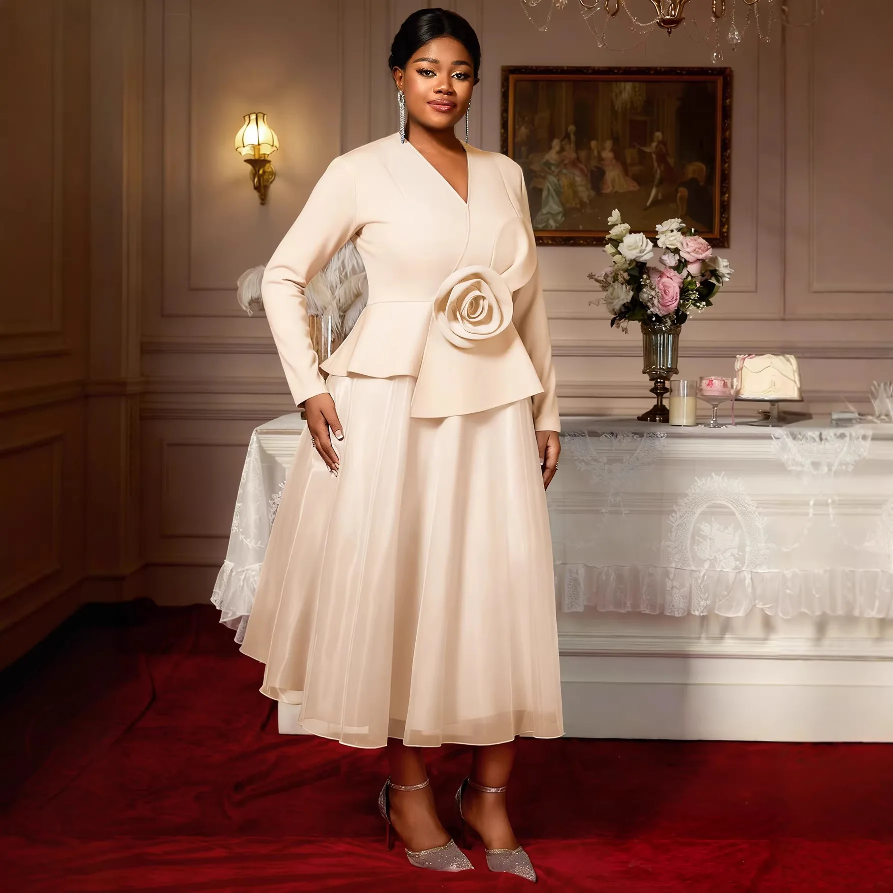 

Africa Clothing Women A Line Dress V Neck Long Sleeve 3D Flower Peplum Patchwork Mesh Wedding Guest Church Party Outfit Autumn