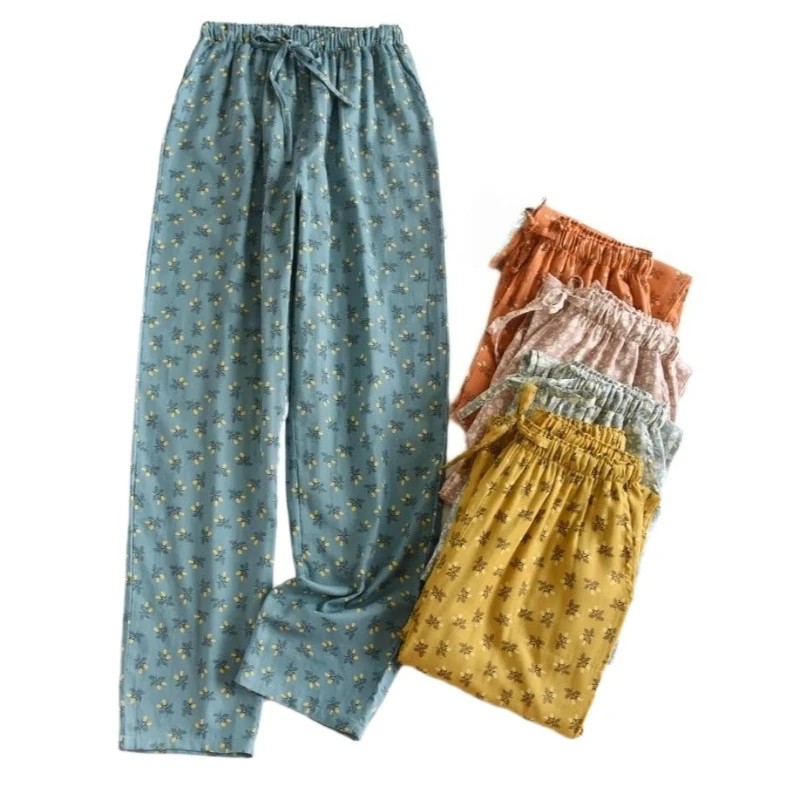 

Хлопковые пижамные штаны с цветочным принтом, женские домашние брюки большого размера для девочек, осенние и зимние свободные повседневные спальные штаны на шнуровке