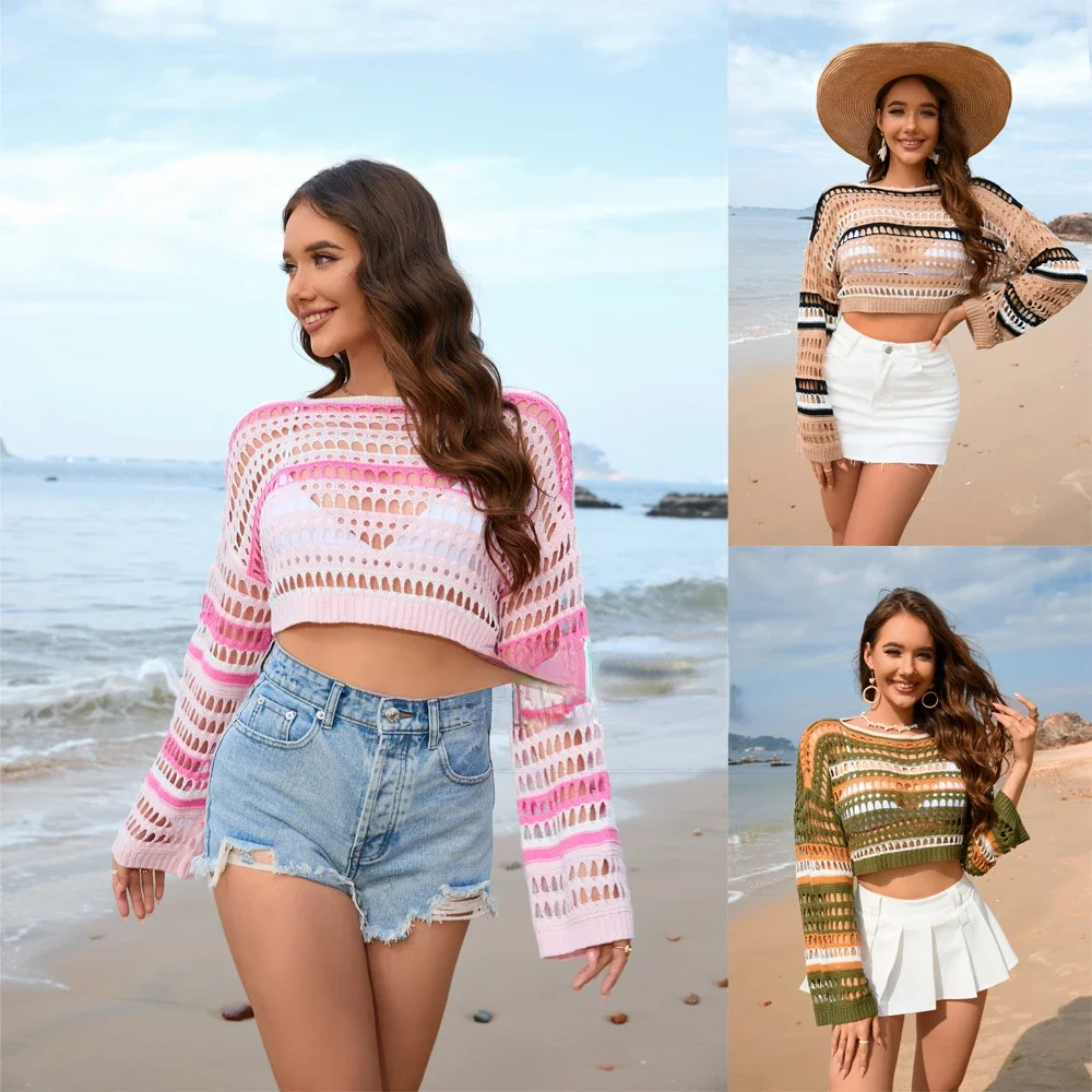 2024 spring/summer new women's hollow stripes patchwork sexy bikini beach smock