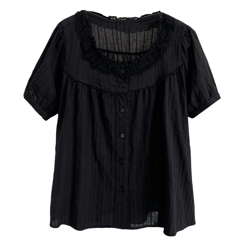 

Summer New Plus Size Blouse Women's Wear 100KG Thin Lace Collar Puff Sleeve Shirt Casual Tops 2503