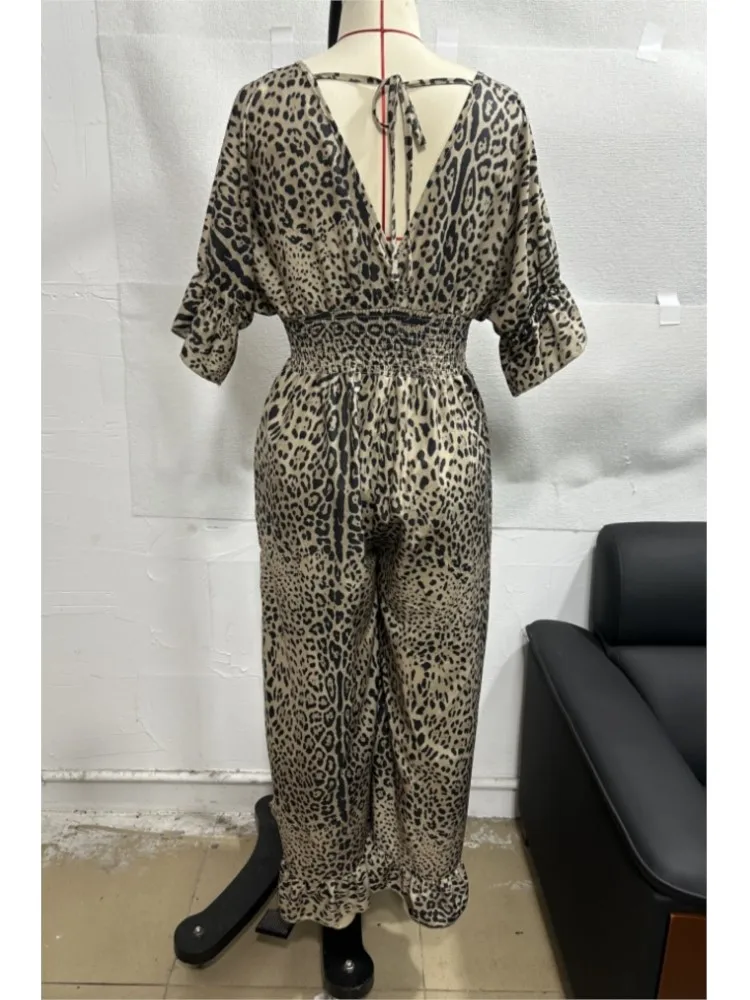 Women Jumpsuit V Neck Leopard Print Wide Leg Mid Sleeve Ruffle Jumpsuit 2024 Summer Loose High Waist Full Length Lady Jumpsuit