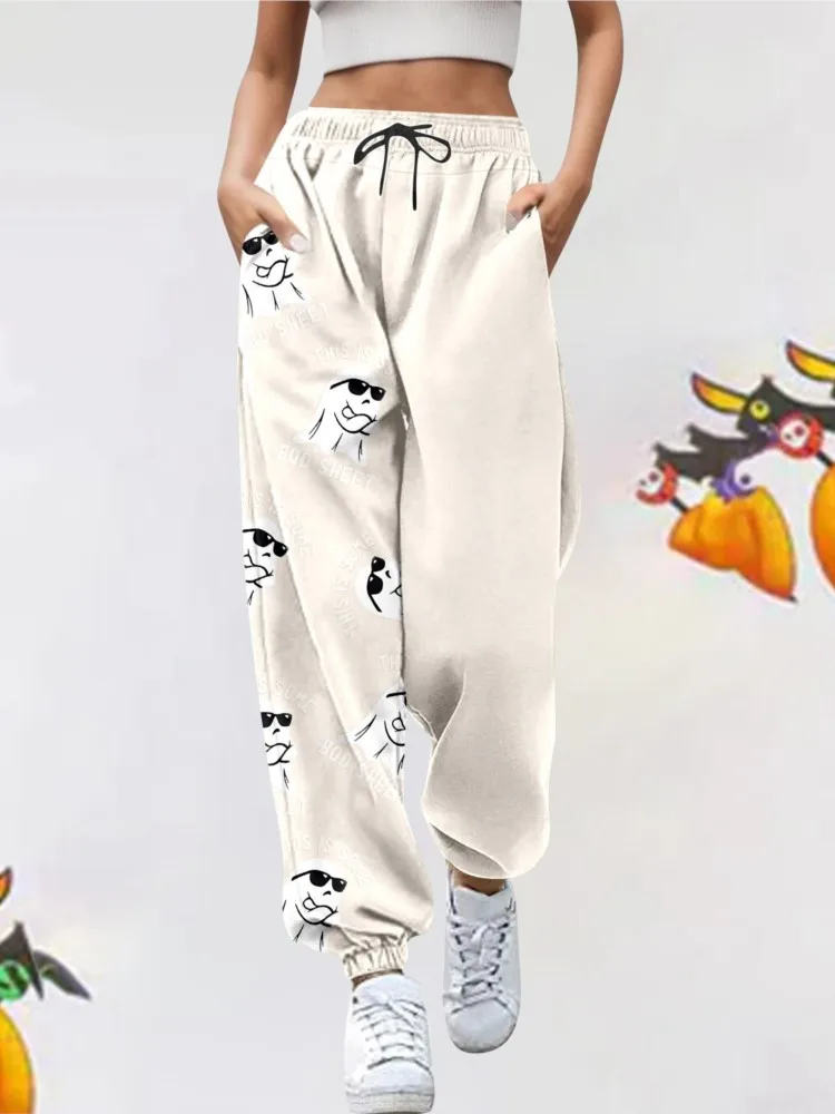 

Pantalones For Women's New Halloween Printing Leace-up Fashion Spring Autumn Casual Loose Trousers 2024 Drawstring Pockets Pants