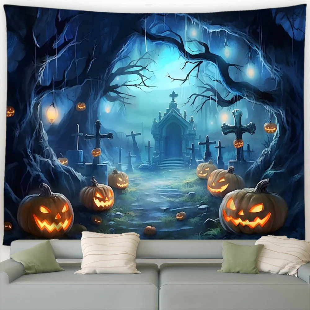 Halloween Tapestry Pumpkin Forest Castle Dead Tree Bat Tombstone Horror Night Landscape Home Living Room Sofa Decor Wall Hanging