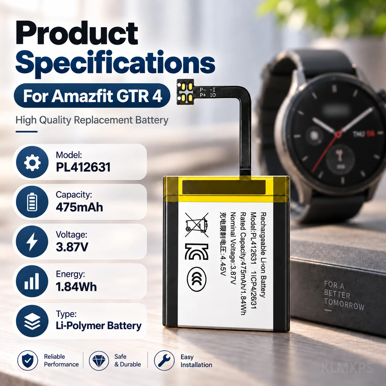PL412631 Battery 475mAh 3.87V Li Polymer Rechargeable Battery Replacement for Amazfit GTR 4 Smart Watch Repair Parts
