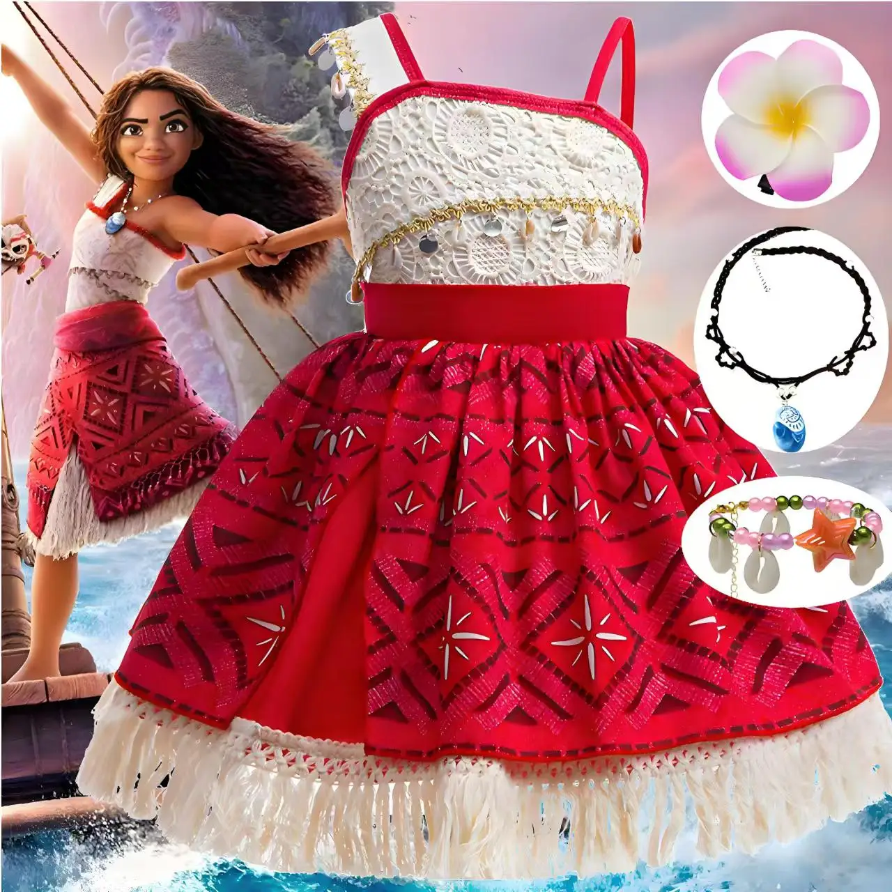 Disney New Marine Strange 2 Moana Same Cosplay Princess Dress Asymmetric Suspender Printed Casual Dress Girls Christmas Gift