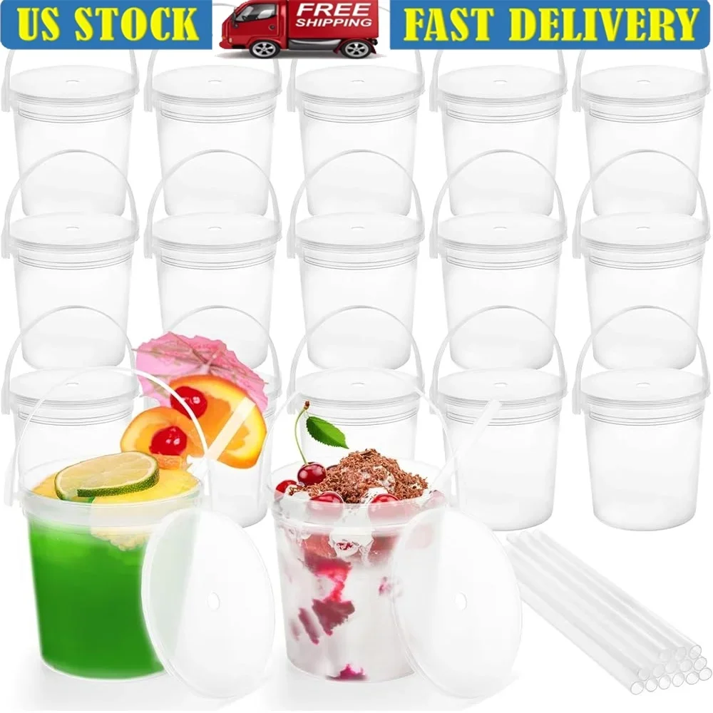 

15 упаковок многоразовых пластиковых ведер для рома с крышками и соломинкой, идеальные соки, смузи, мороженое, мероприятия на свежем воздухе