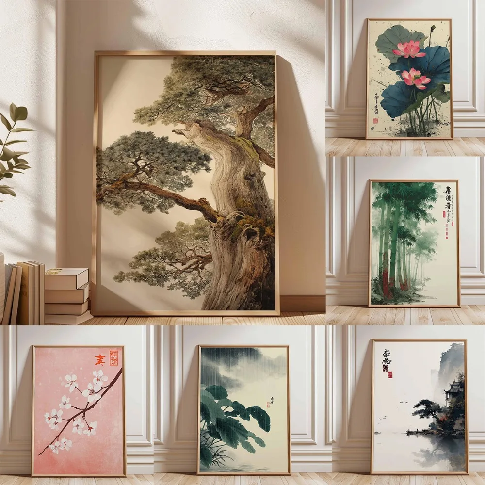 1 pieza de arte de pared sin marco con diseño de pino antiguo, impresión de póster de naturaleza japonesa, decoración de plantas zen, pintura de árbol oriental, bosque tranquilo A