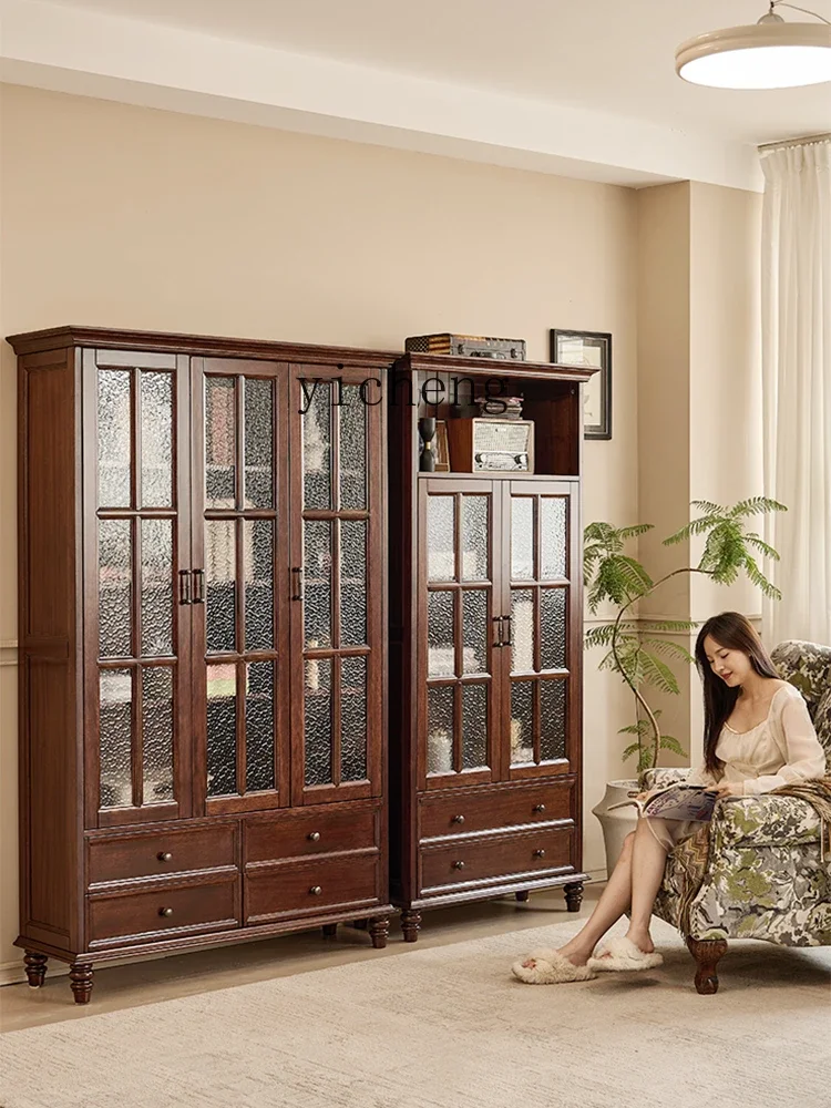 

American simple all-solid wood three-door two-door bookcase with glass antique bookshelf storage wine cabinet