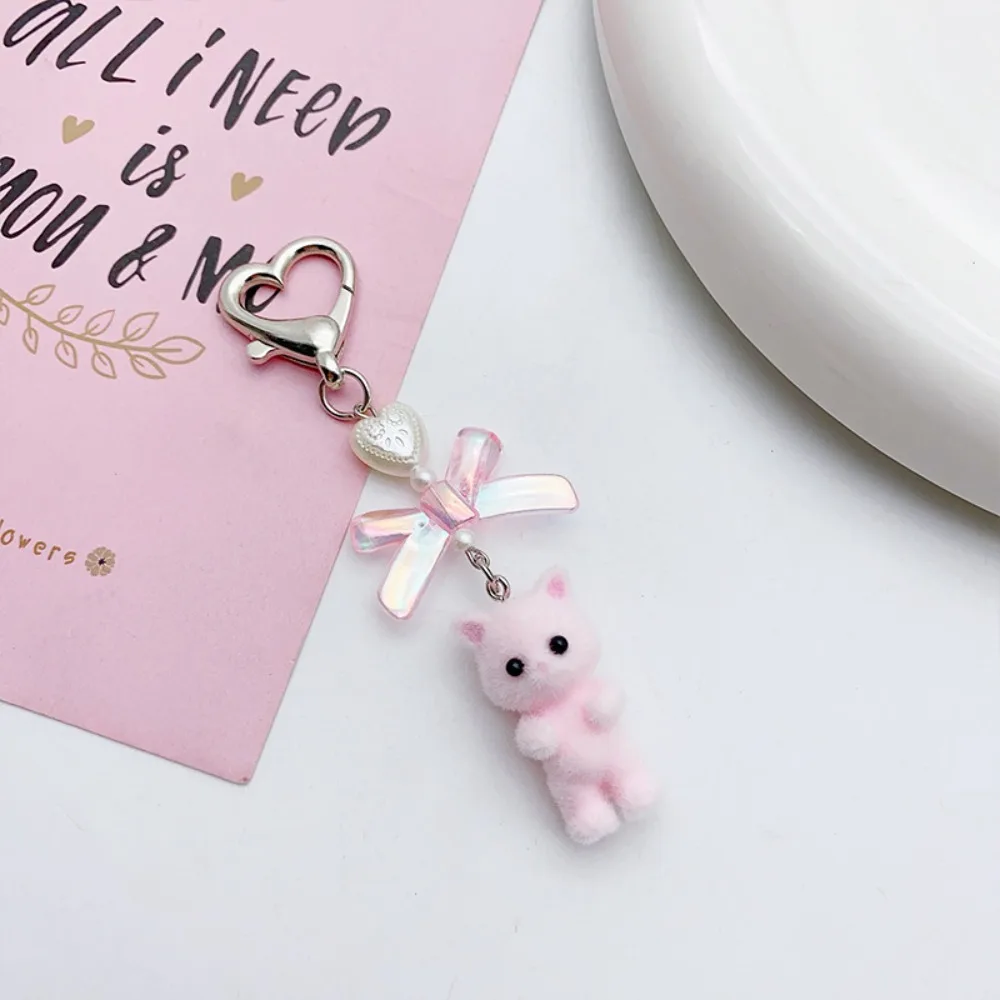 Cute Fuzzy Kitty Cat Heart Bow Keychain for Women Plush Bear Kitten Doll Kawaii Bow Pearl Heart Keyring Backpack Bag Pendant