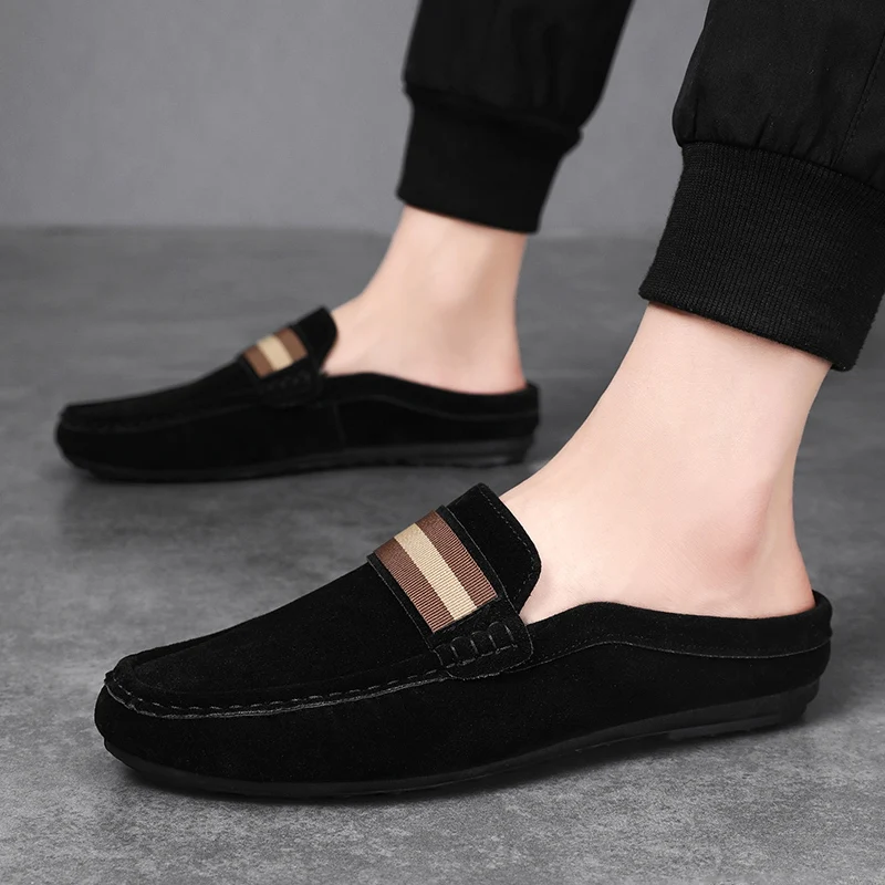 Fashion Sheepskin Mens Half Slippers Breathable Mens Casual Shoes Outdoor Men Loafers Lazy Shoes Flats Comfortable Male Sneakers