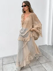 Trendix Fashion Oversized Cover Up Dress Women 2025 V Neck Loose Streetwear Casual Long Sleeve Maxi Dress Femme Ruffle Dresses