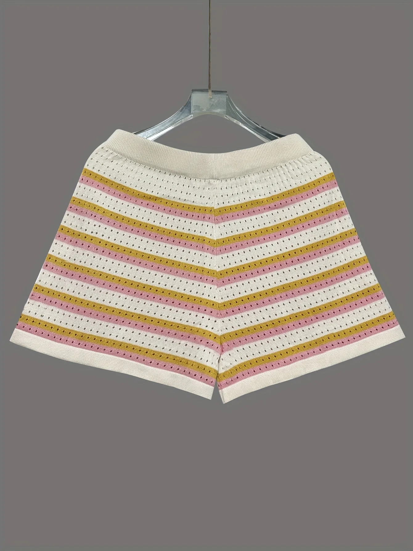 2026 Sommer Gestreiftes Hohlstrick-Set für Damen: Bluse mit Revers und kurzen Ärmeln & Lässige Loose-Shorts für Urlaub & Alltag – Detail 10