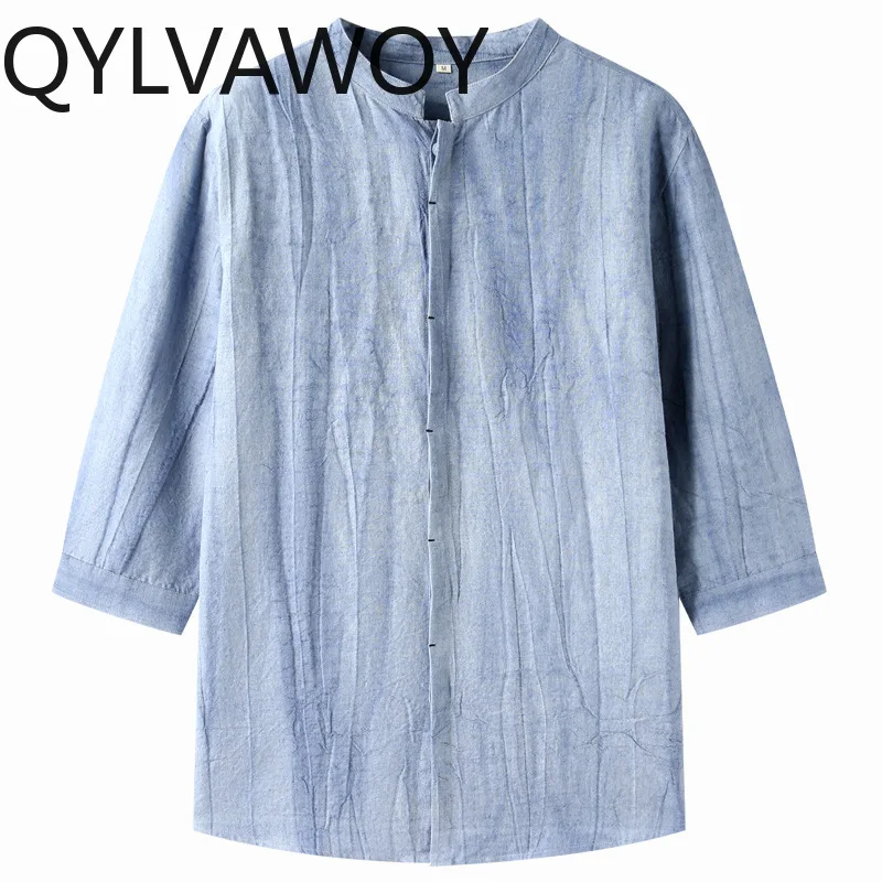 

QYLVAWOY Ramie Men's Shirts Thin Menswear Clothing Loose Shirts for Man Stand Collar Camisas Masculina Stylish Shirt Simplicity