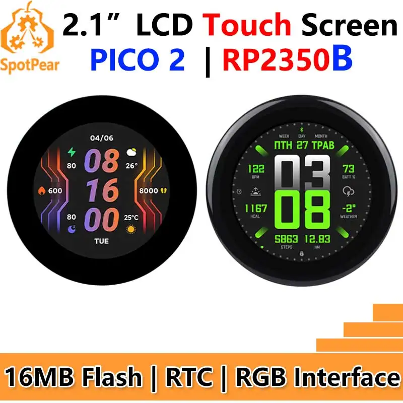 

Raspberry Pi Pico 2 RP2350B 2.1inch Round LCD Touch Display 480x480 HMI LVGL QMI8658 6-axis 65K Colors RP2350-Touch-LCD-2.1