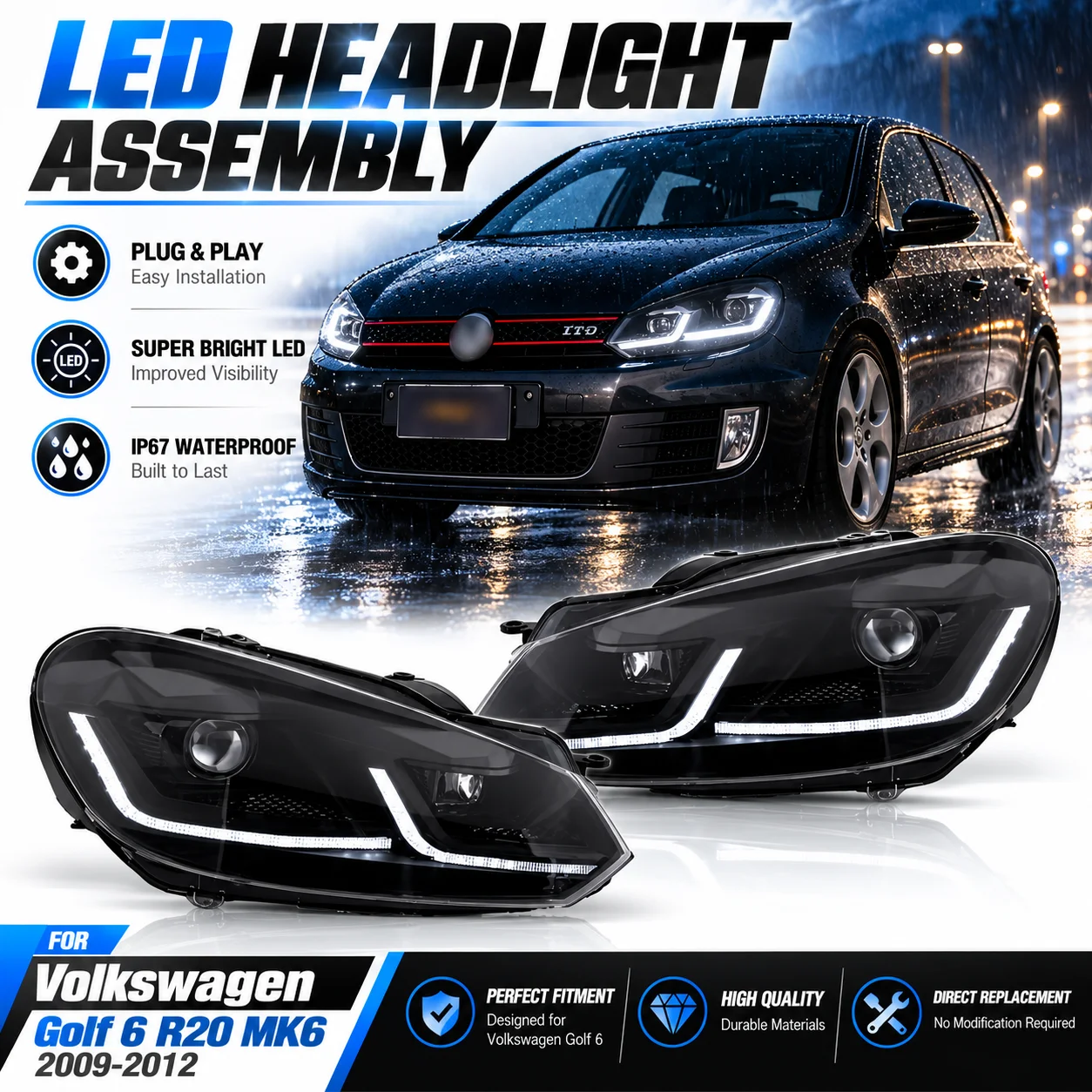Image of 2PS LED-Scheinwerfer-Set für Volkswagen Golf 6 R20 MK6 2009-2012, Neues Design mit Tagfahrlicht und Doppellinse, Nachrüstzubehör