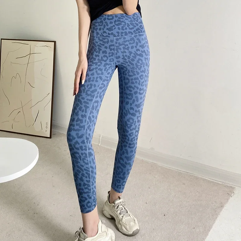 Printed leopard print leggings for women high-waisted yoga fitness elastic quick-drying tight running nine-point pants