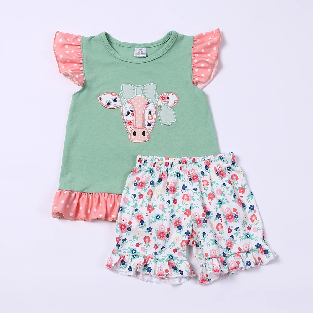 

Babi Green Flower Outfits Baby Girl Clothes Set 2pcs Suit Cattle Embroidery Bodysuit 1-8T Spots T-shirt Floral Lace Shorts