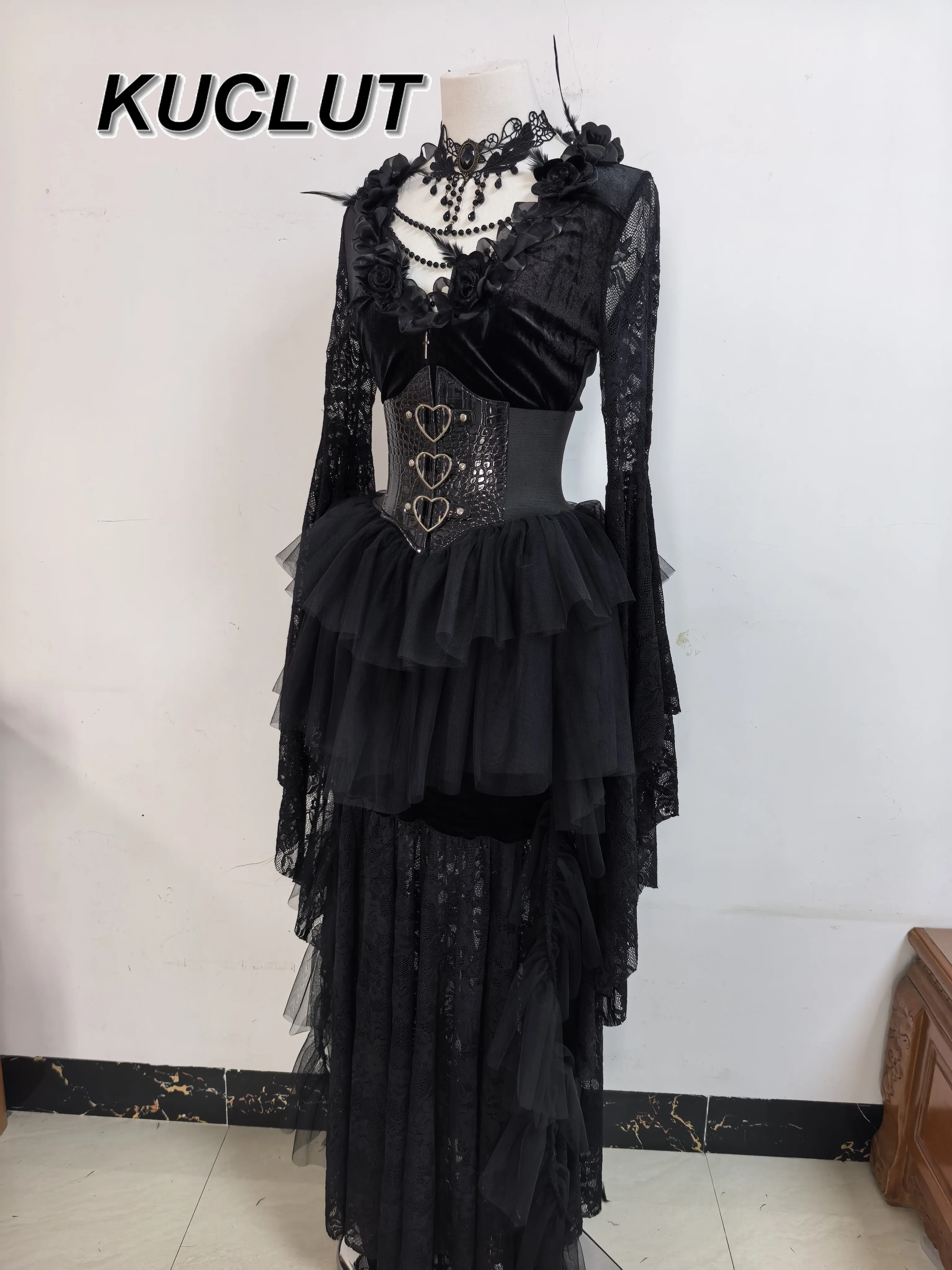 

Gothic Y2k Style Black Lace Flared Long Sleeve Dress Lace Hem Waist Cincher Decoration Vintage Elegant Women's Dresses