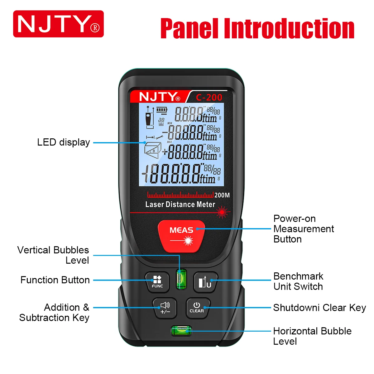 NJTY 50 m 100 m 200 m Lasermessgerät Digitales Handbandmaß ROTER Laser mit tragbarer Tasche Lanyard Datenaufzeichnungen IP54 Entfernungsmesser – Detail 8