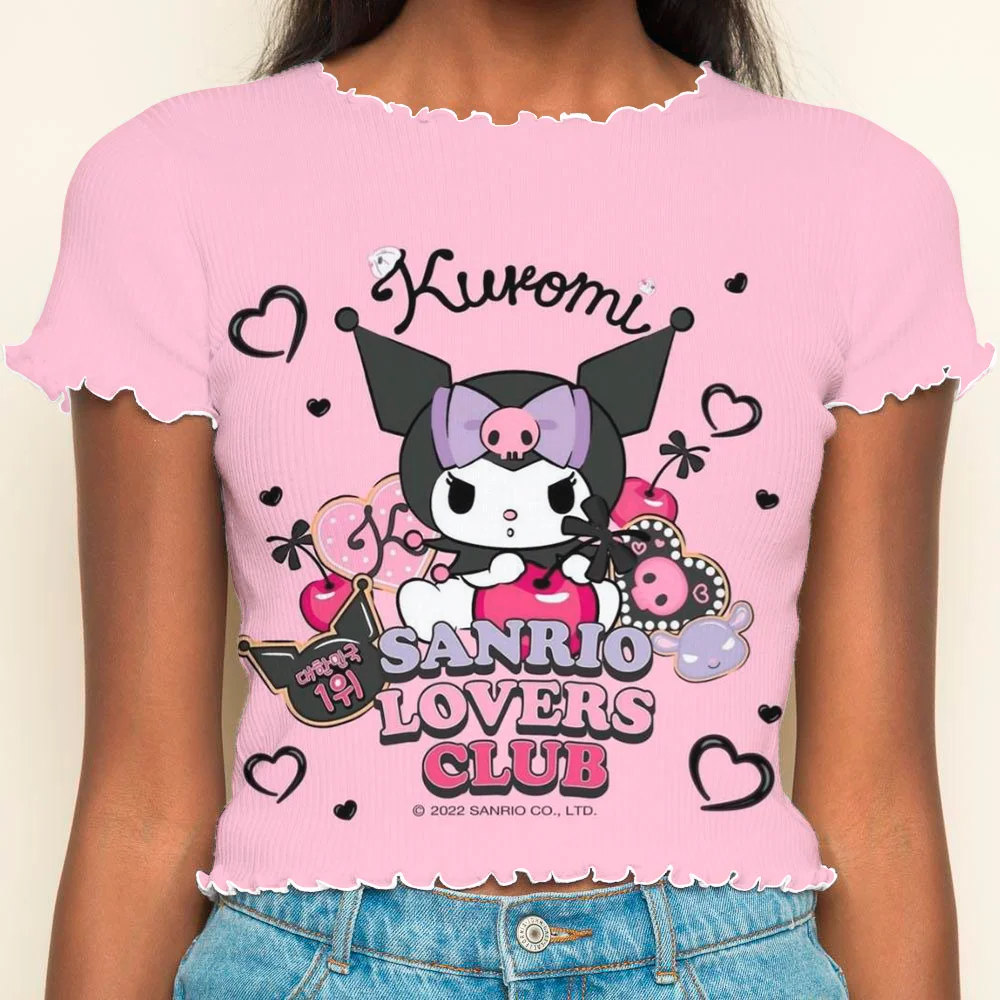 Crop Tops Sexys Y2k Woman Clothing T-shirt Short Sleeve Kuromi T-shirts Lettuce Trim Anime Summer Clothes Women 2024 Kpop Top