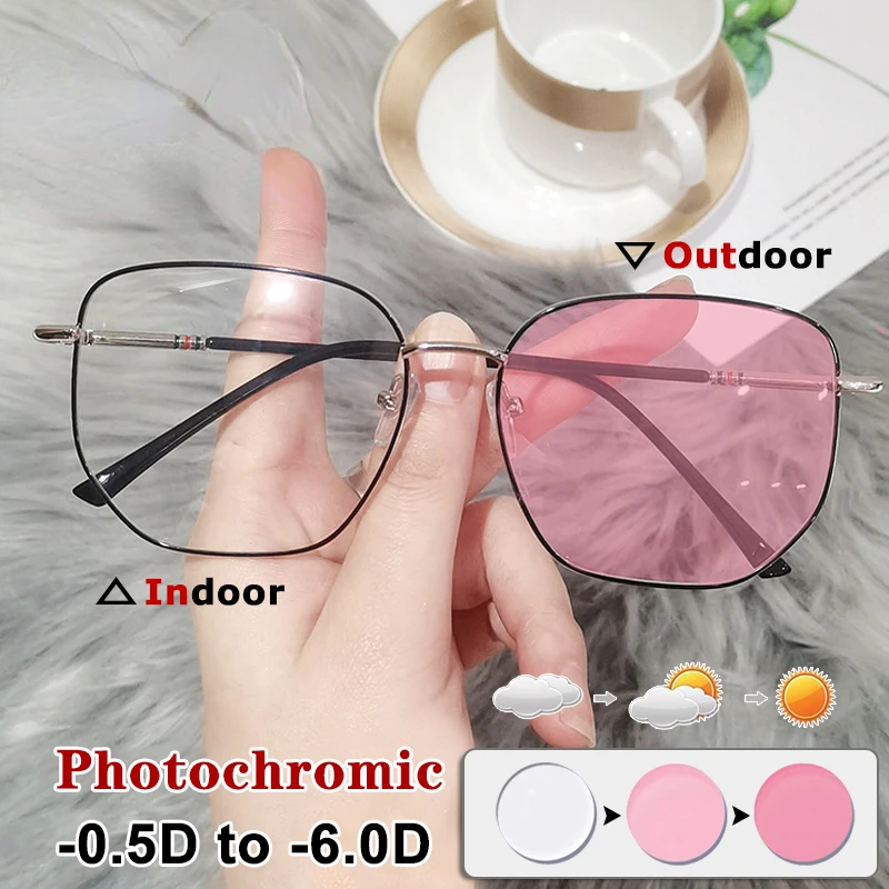 Photochromic Myopia Glasses Women Metal Frame Blue Light Filter UV-Proof Finished Computer Glasses Degree -50 to -400