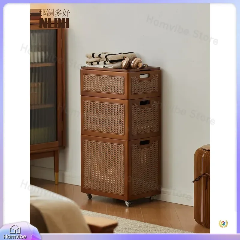 Solid Wood Rattan Storage Basket with Cover Dustproof Clothes Organizer Large Capacity Sundries Bin Removable Toy Container