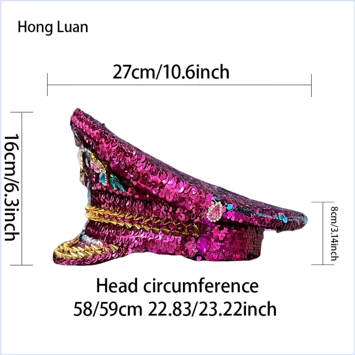 HongLuan Yellow Laser Leather Loop Captain Hat Rhinestone & Military Caps for Woman, Rave Festivals Accessories ＆ Party Cap Man