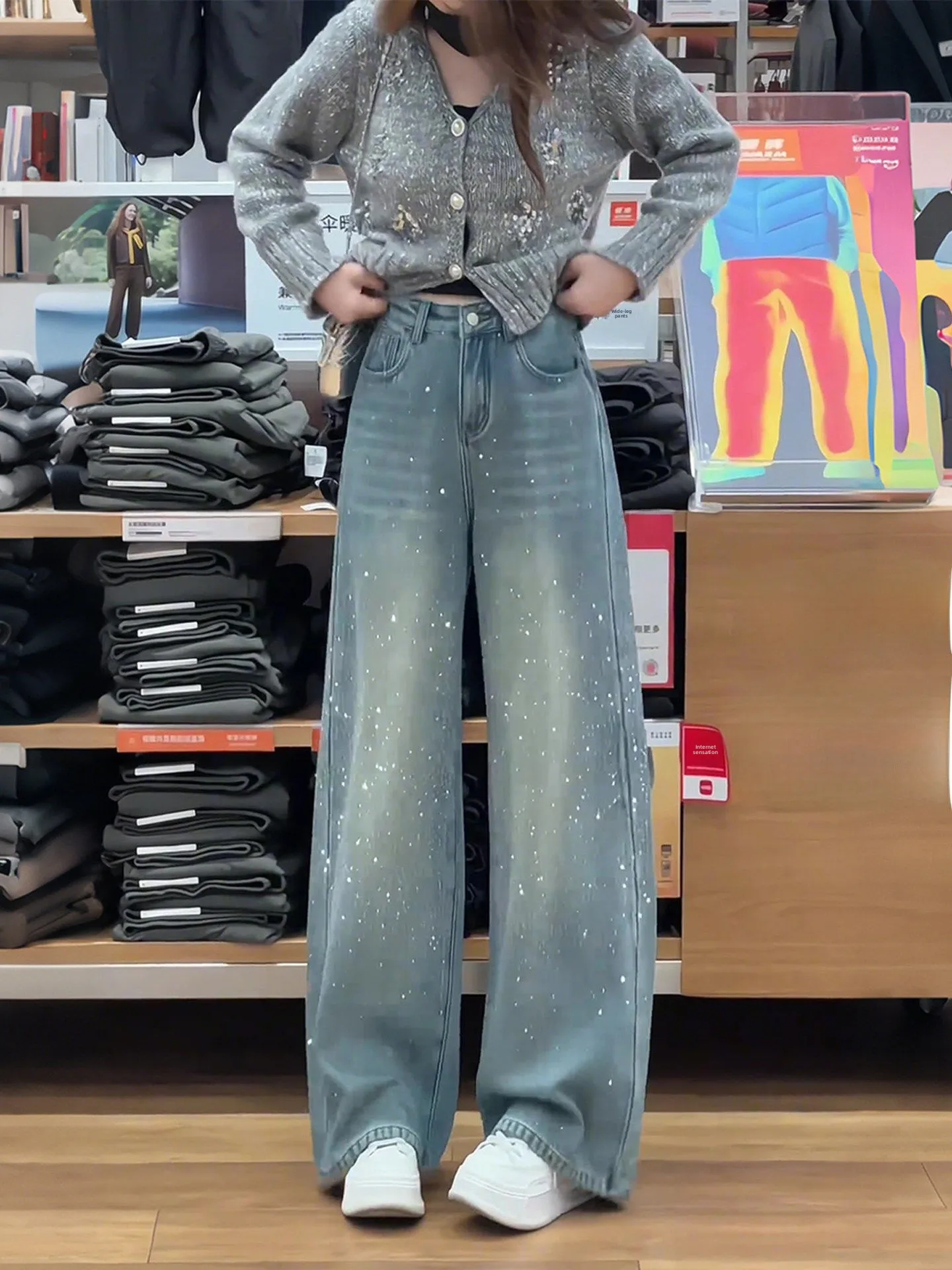 

Slimming Large Size Lazy Style Star Pattern Denim Pants High Waist Wide Leg Casual Summer New Vintage Floor Length Women's Jeans