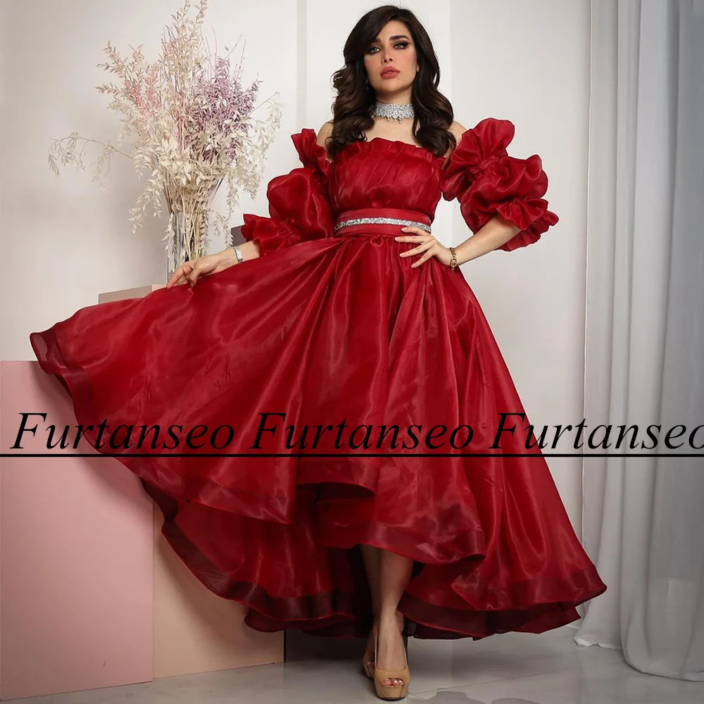 

Furtanseo Saudi Arabic Prom Dress with Detachable Sleeves Boat Neck Pleat Beading Belt Ankle Length A Line Organza Evening Gown