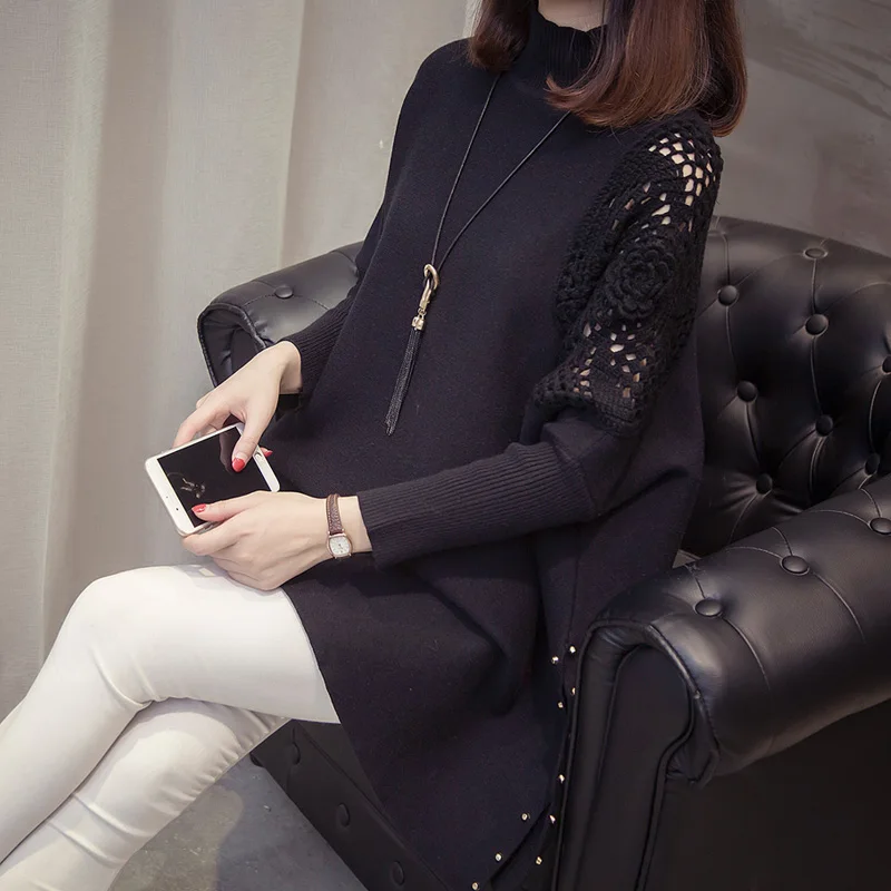 2023 Autumn And Winter New Loose Sweater Coat Women\'s Half-high Collar Pullover Wrap Swing Beading