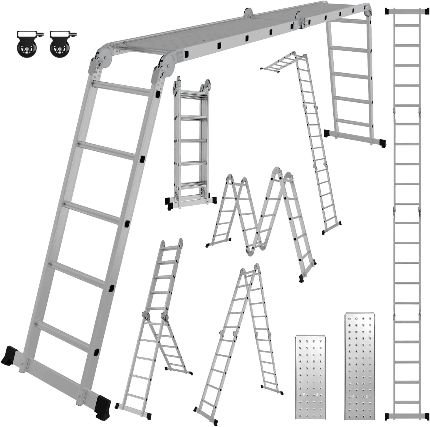 Scala multiuso 4x5 gradini, 5.82m, alluminio 7-in-1, fino a 150kg, con 2 ruote, 2 piattaforme, incernierato, pieghevole, a pioli.