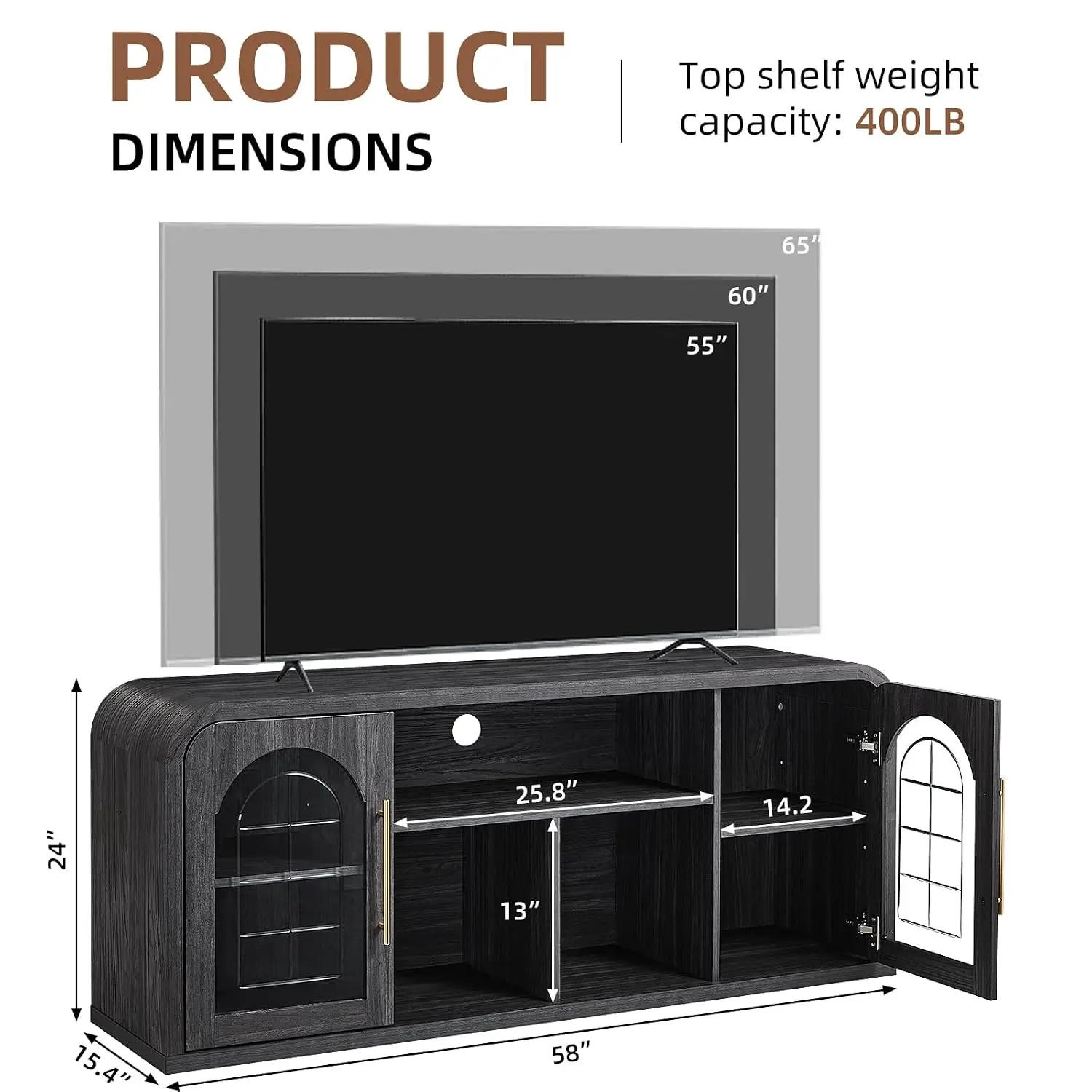 Curved TV Stand for TVs Up to 65", Modern Entertainment Center | with Adjustable Shelves & Glass Door Storage, Customized