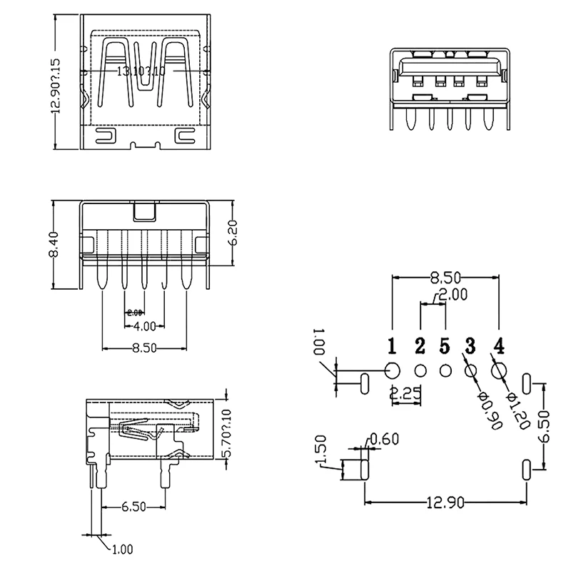 1PCS 5 Pin USB Type A Connector Port Female Solder Jacks Connector PCB Socket USB-A type 5A High Current Power Jack