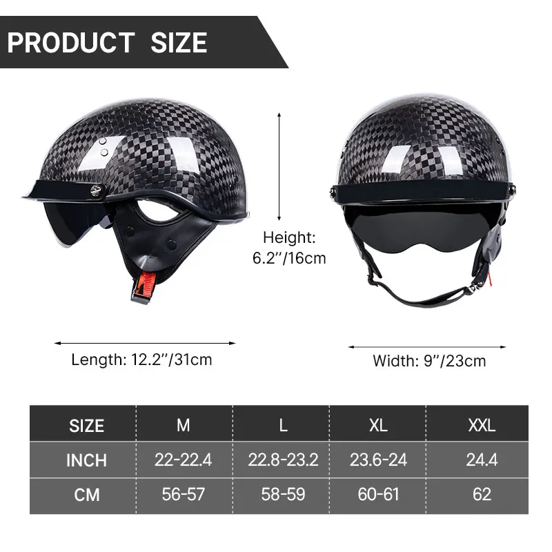 Safety Lightweight Snake Carbon Fiber Motorbike Half Face 1/2 Helmet Racing Cruising Jet Riding Helmets Men With Built-in Lens