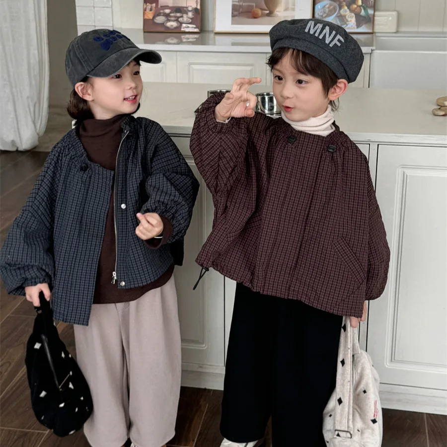 

Autumn Childrens Trendy Plaid Jacket 1-7T Korean Loose Boys O-Neck Zipper Coat Kids Short Jackets Girls Baby Outwear Tops