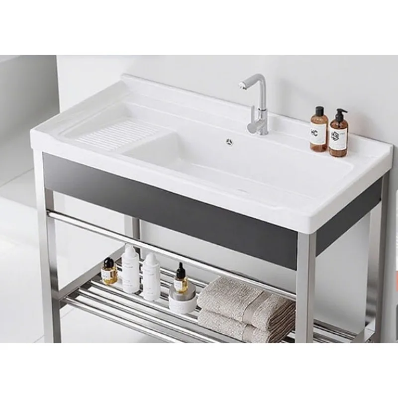 Balcony ceramic basin with rubbing board laundry pool floor-to-ceiling stainless steel bracket basin integrated wash basin