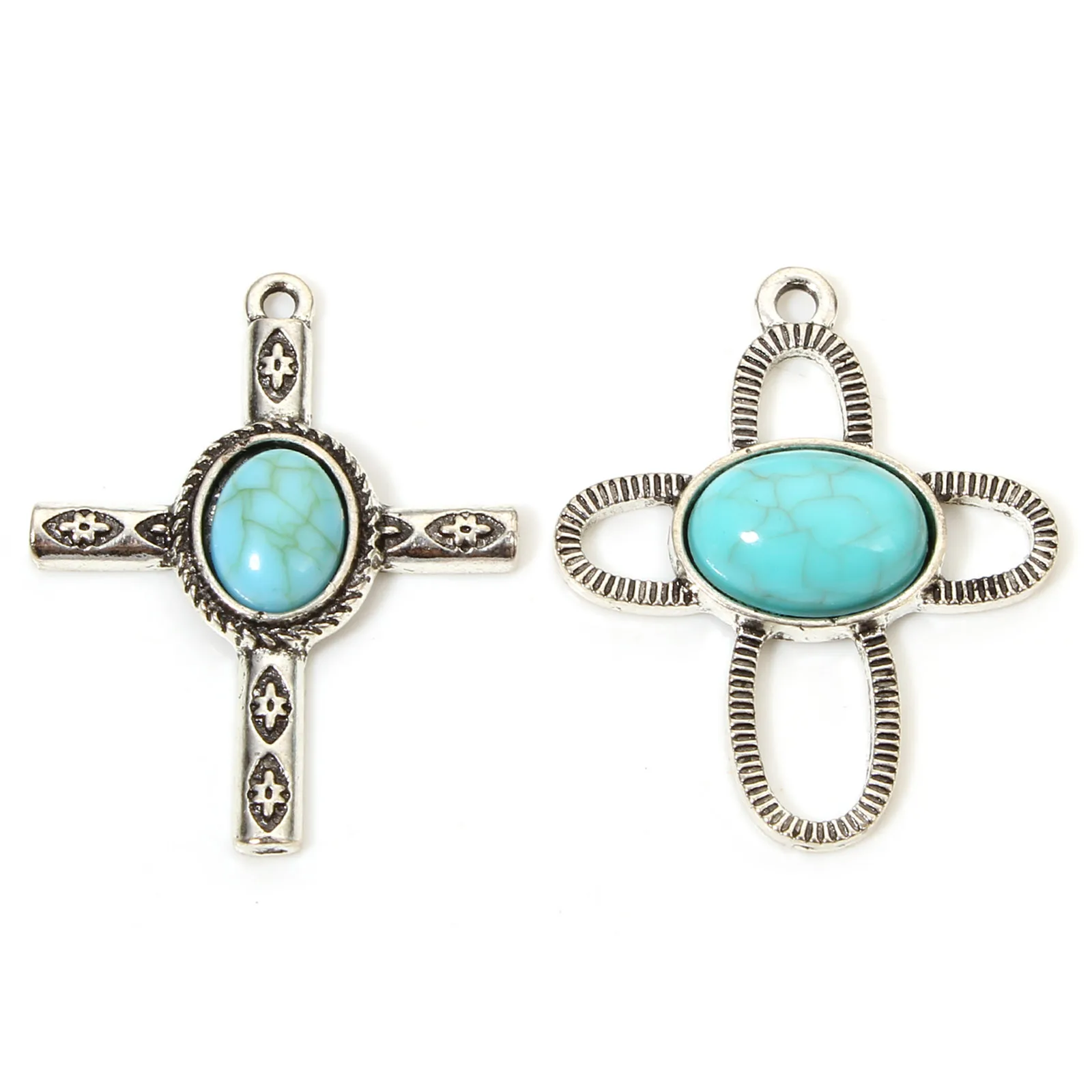 5pcs Bohemian Pendants Antique Silver Color Cross Resin Cabochons Imitation Turquoise Charms DIY Necklace Earrings Women Jewelry