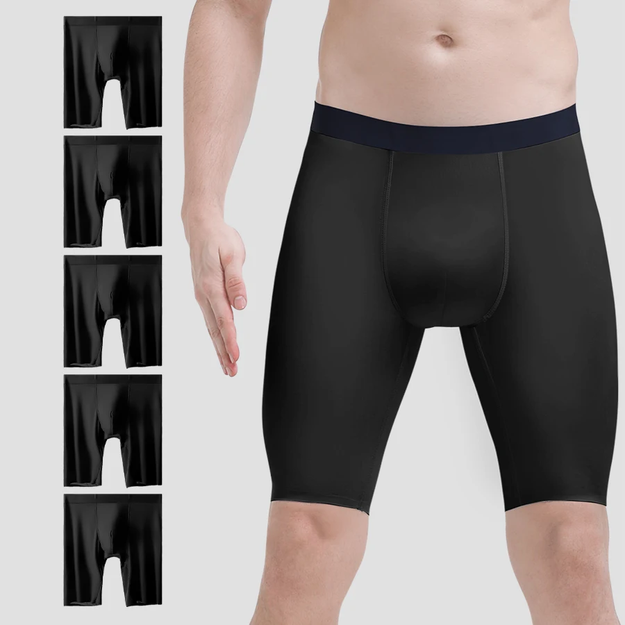 

5PCS Men's sports briefs Men's summer ice silk quick drying lengthened anti-wear legs add fat loose square short shorts head