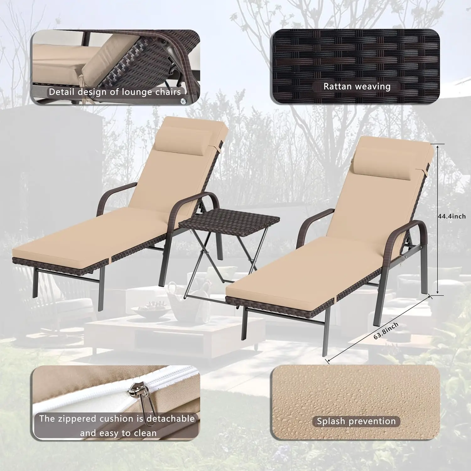 Patio Chaise Lounge Set 3 Pieces Outdoor Lounge Chair With Rattan Adjustable Backrest Armrest And Folding Table For Beach