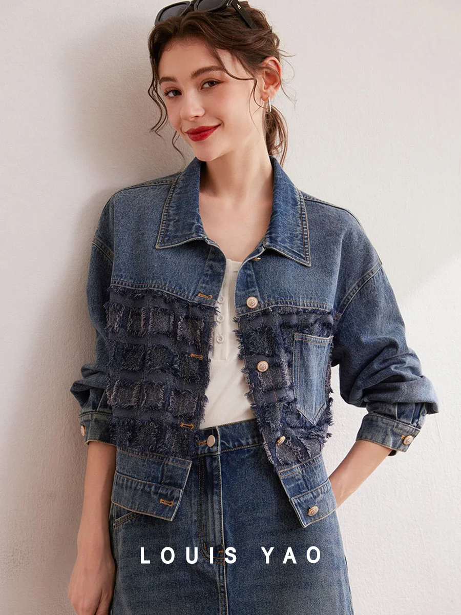 

LOUIS YAO 2025 Denim Jacket Spring Cut Fabric Splicing Cowboy Jacket Slightly Dropped Shoulders Long Sleeved Women's Jacket