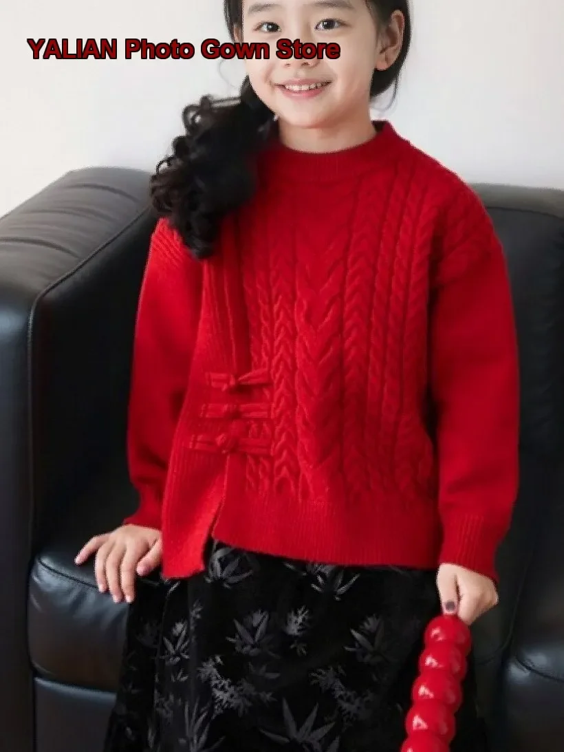 Girls Traditional Chinese Style Knit Top Boys Autumn Winter Round Neck Pullover Sweater Solid Color Older Kids