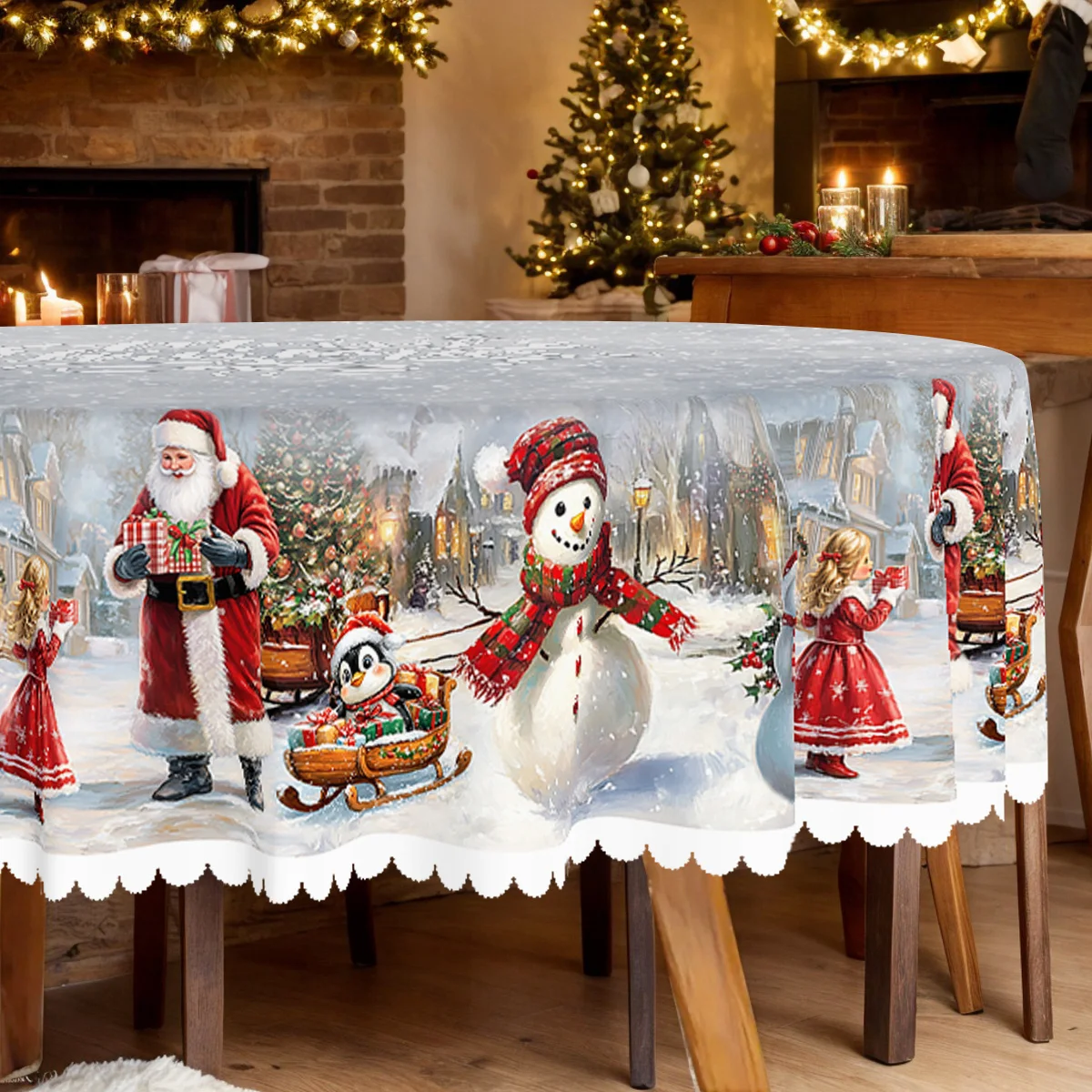 1 piece, Christmas party tablecloth, Santa Claus snowman sleigh penguin winter snow design pattern tablecloth