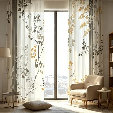 2PCS Digital Print Sheer Curtains, Yellow Green Branch Leaf, Natural Botanical Style for Living Room Bedroom Window Decoration