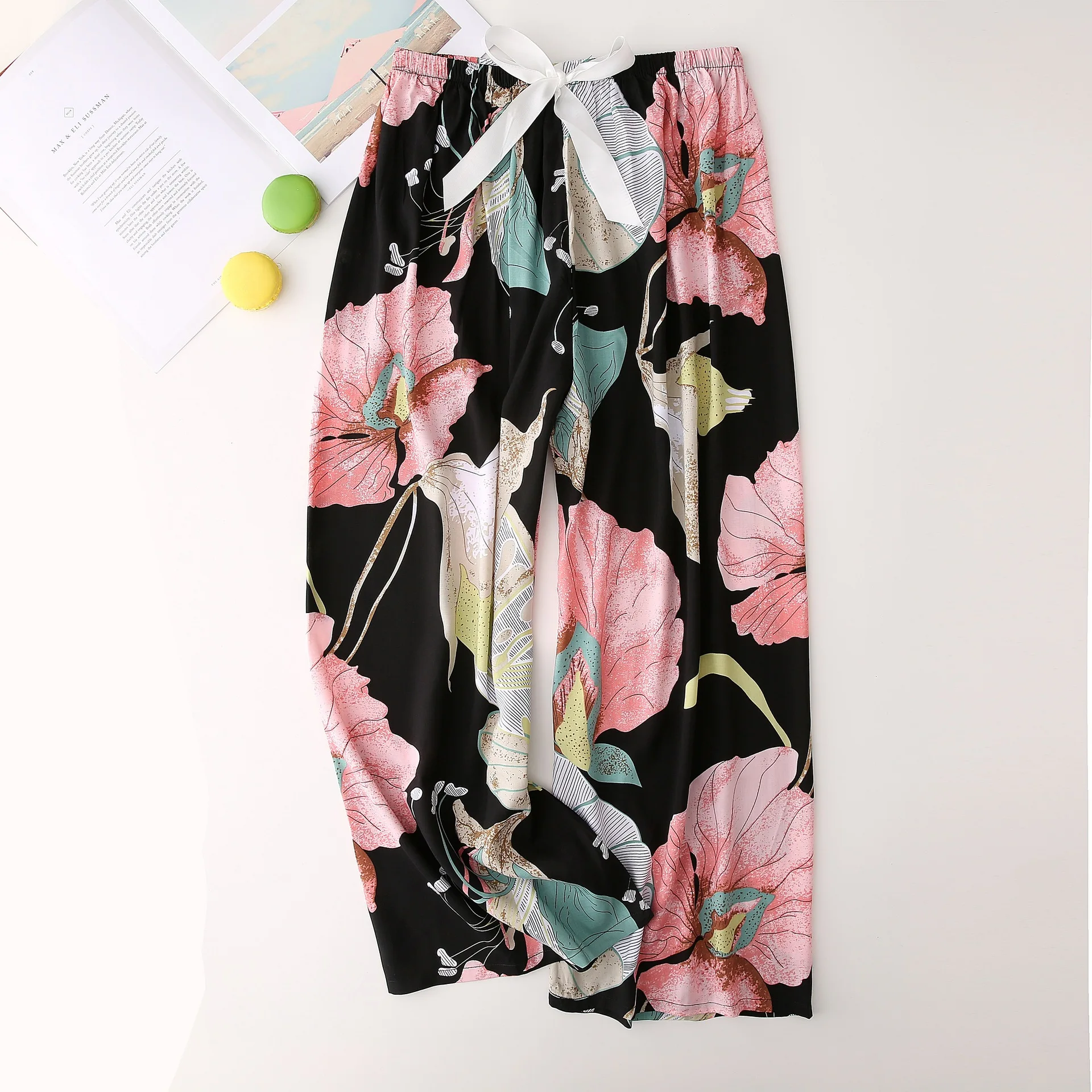 2022 Home Pants Women Spring Summer Thin Sleep Pants Floral Printed Pajama Pants Wide Leg Loose Plus Size Calf-length Bottoms