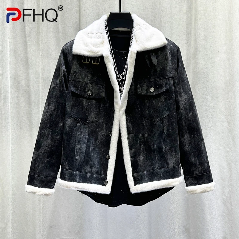 PFHQ Winter Trendy Men Denim Jacket Cotton Fashionable Versatile Thick 2024 Contrast Color Tie-dyed Male Tops 21Z7555