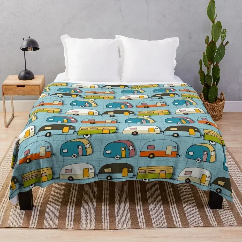 

Retro Campers Blue #Midcenturymodern Throw Blanket Sofa Throw Beach Decorative Throw Travel Blankets