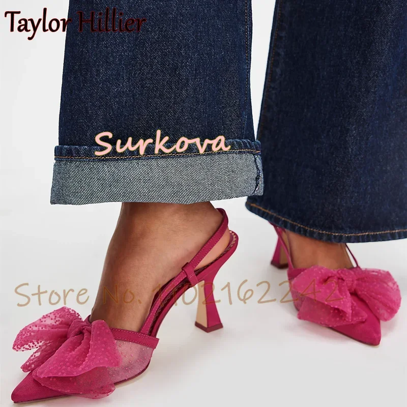 

Lace Bow Hoof Heels Mules Pumps Pointed Slingback Back Strap High Heels Elegant Party Casual Rose Red Gladiator Women'S Shoes 43