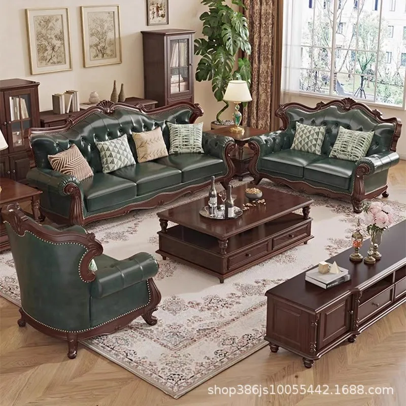Solid wood leather sofa cowhide combination living room villa furniture