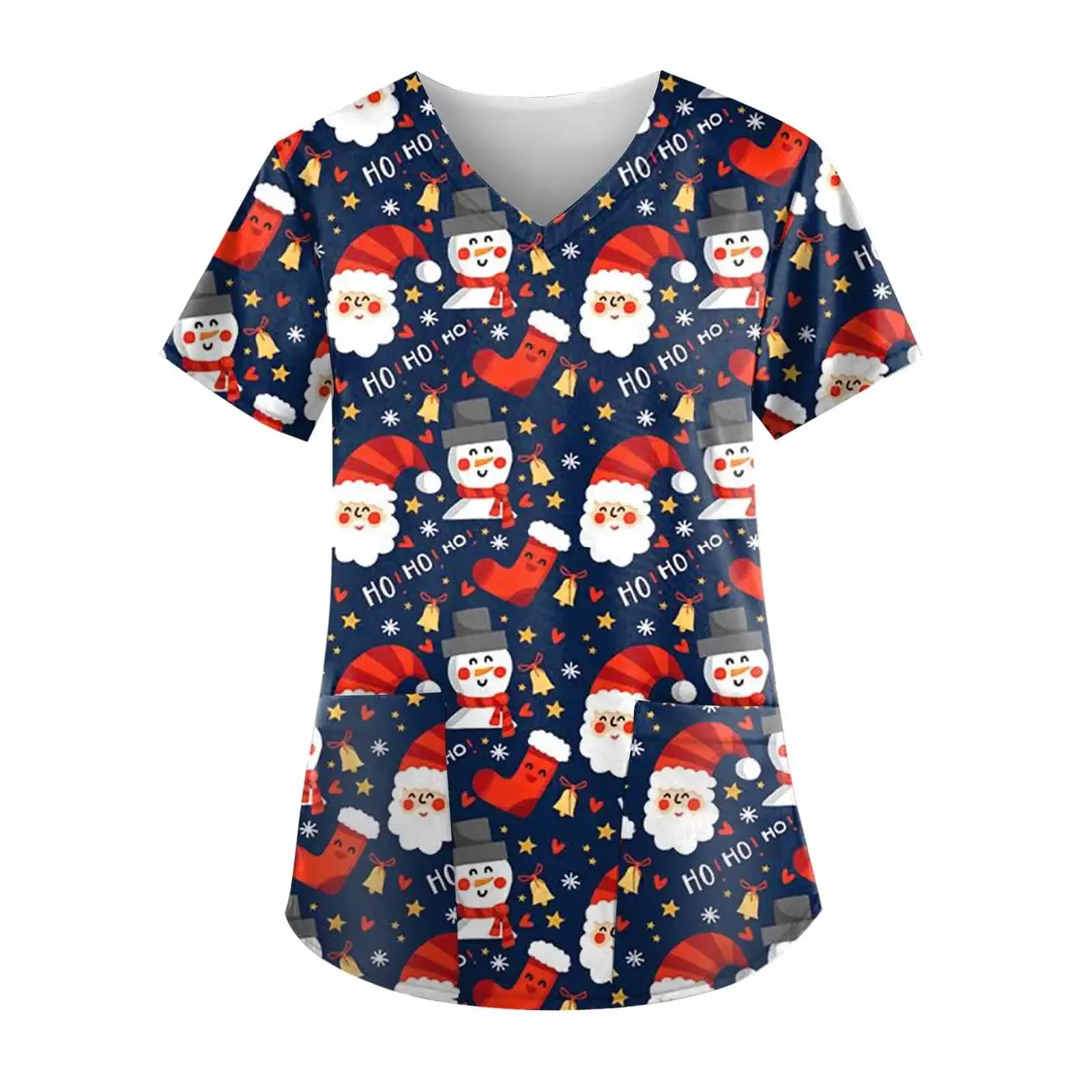 Uniformes quirúrgicos para mujer, estampado navideño, transpirable, patrón de muñeco de nieve de Papá Noel, Tops de manga corta con cuello en V, uniforme de enfermera para mujer